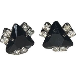 Geometric Art Deco Vintage Black Glass & Clear Rhinestone Clip On Earrings